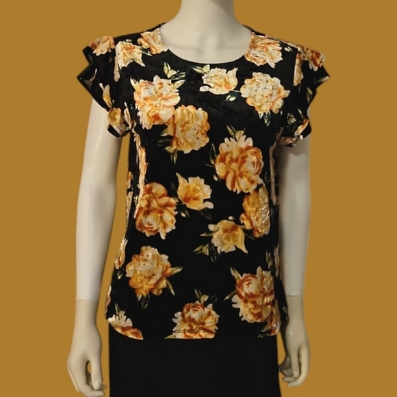 A.N.A. Black Floral Velour Butterfly Sleeve Scoop Neck Fairycore Blouse - Picture 1 of 8